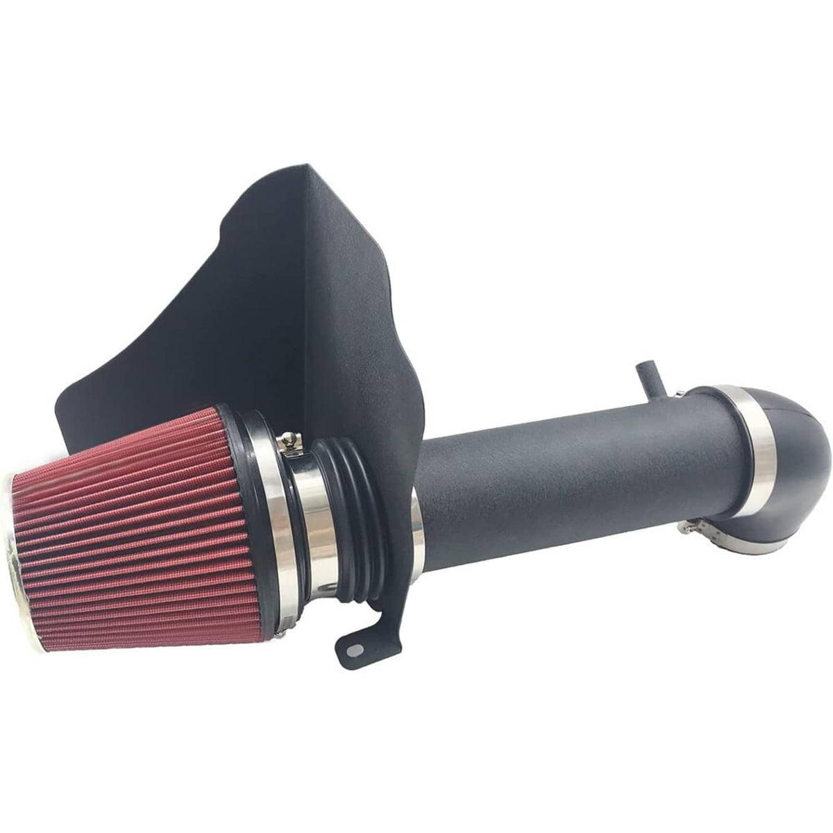 Cold air intake kit with red cone air filter and black heat shield cover