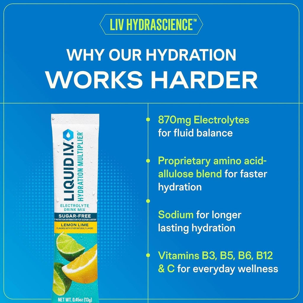 Liquid I.V. hydration multiplier electrolyte drink mix pouch, science benefits infographic
