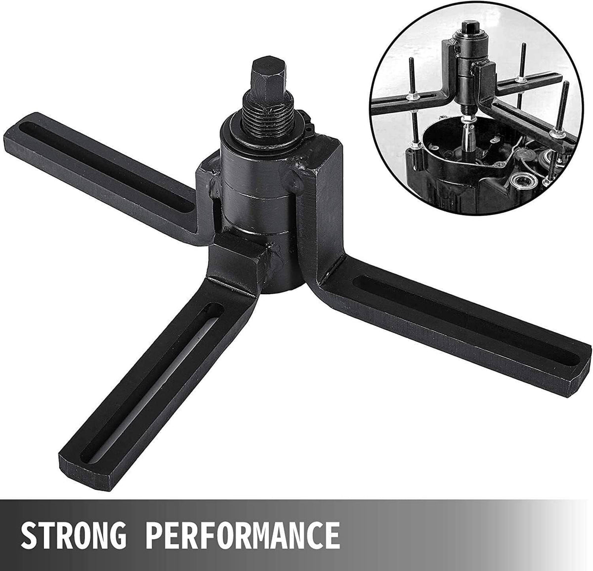 Crank case splitter puller tool with black three-arm base and center installer screw