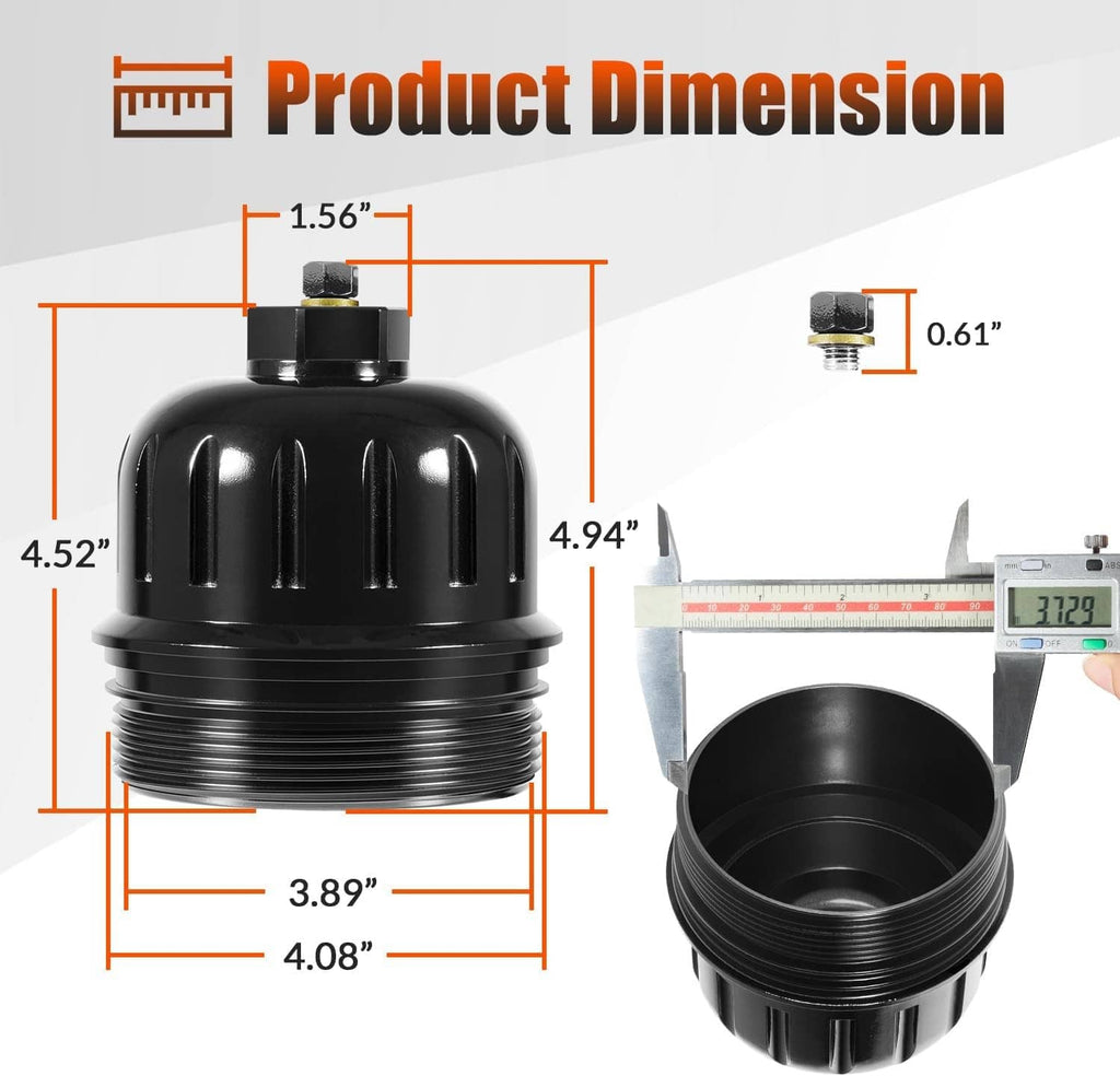 Black fuel filter housing cap with bolt top and threaded rim, front and side view
