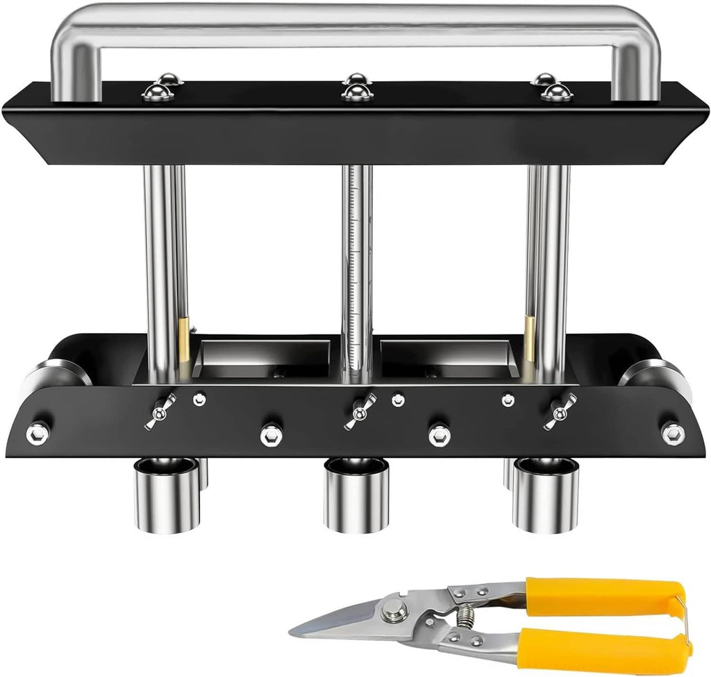 Three-station edge roller bender front view with roller wheels and black adjustment bar