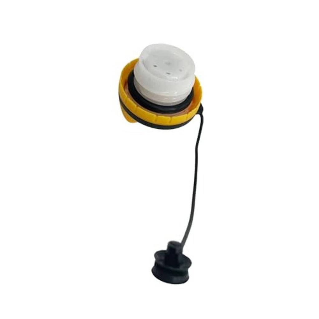 White inner fuel cap with black gasket seated in yellow housing; black tether cord.