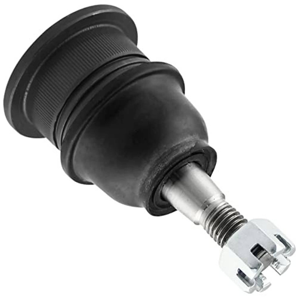 Side view front upper ball joint with black rubber boot and threaded metal stud