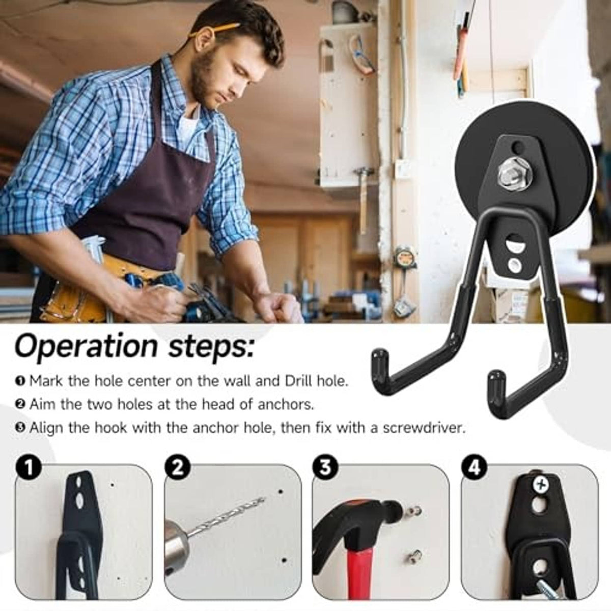 Black magnetic wall hook with mounting hardware shown with a cordless drill