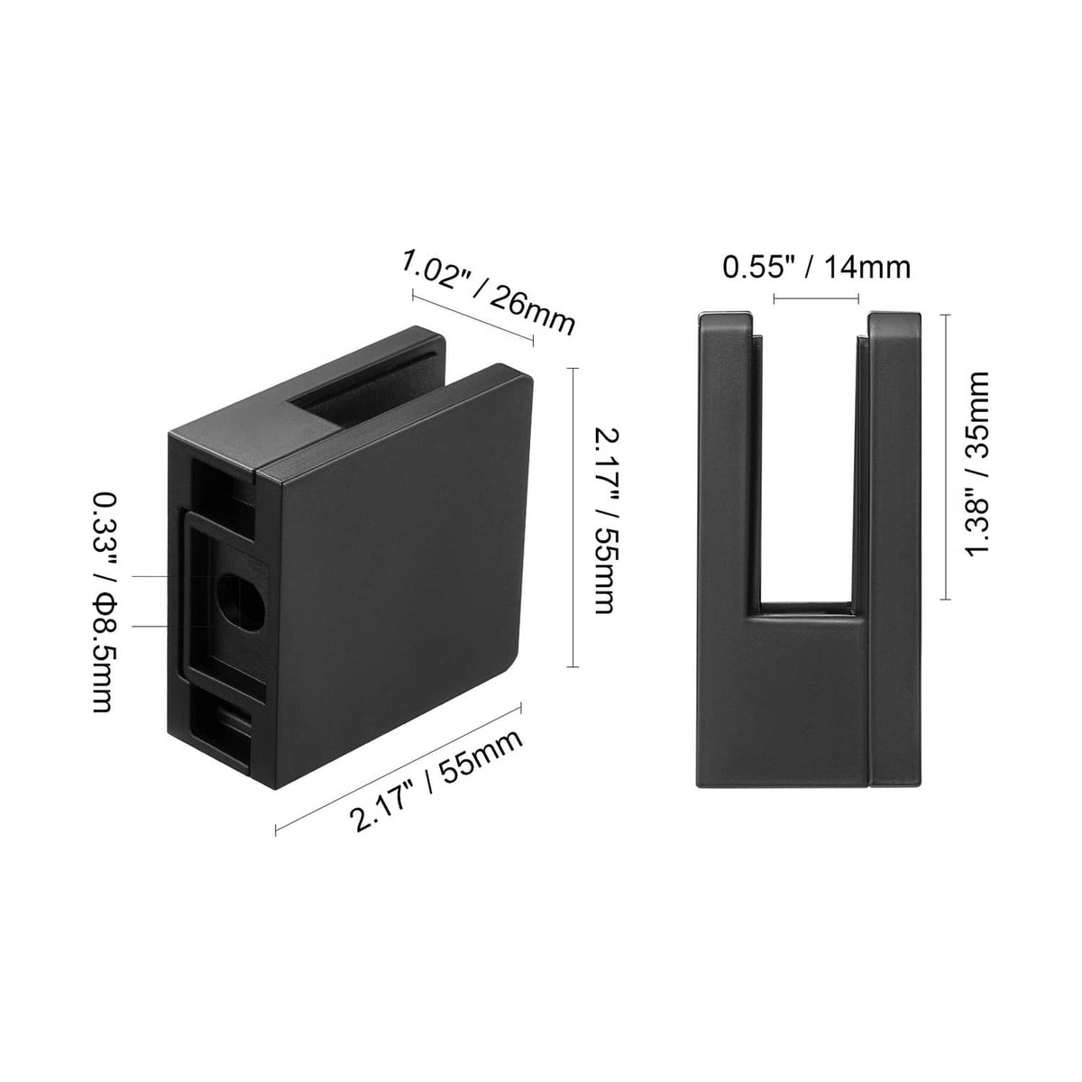 Black U-shaped glass clamp bracket with measurement labels