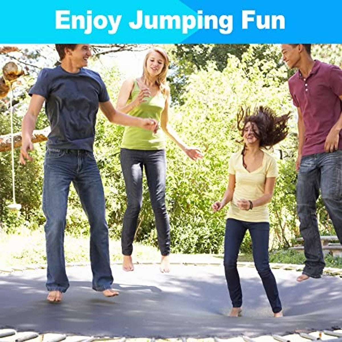 People enjoying a trampoline with black jumping mat and silver spring-ring edge
