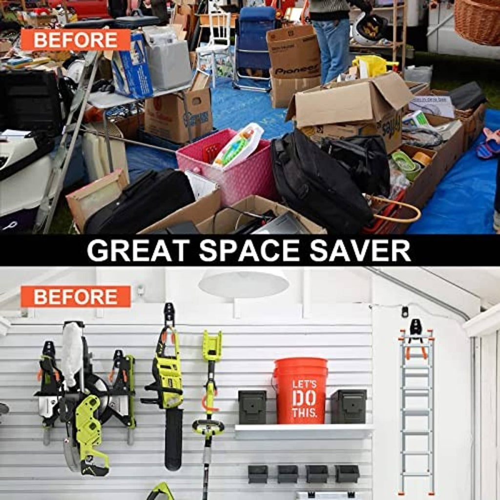 Garage wall storage with multiple orange-tipped hooks on a white panel wall