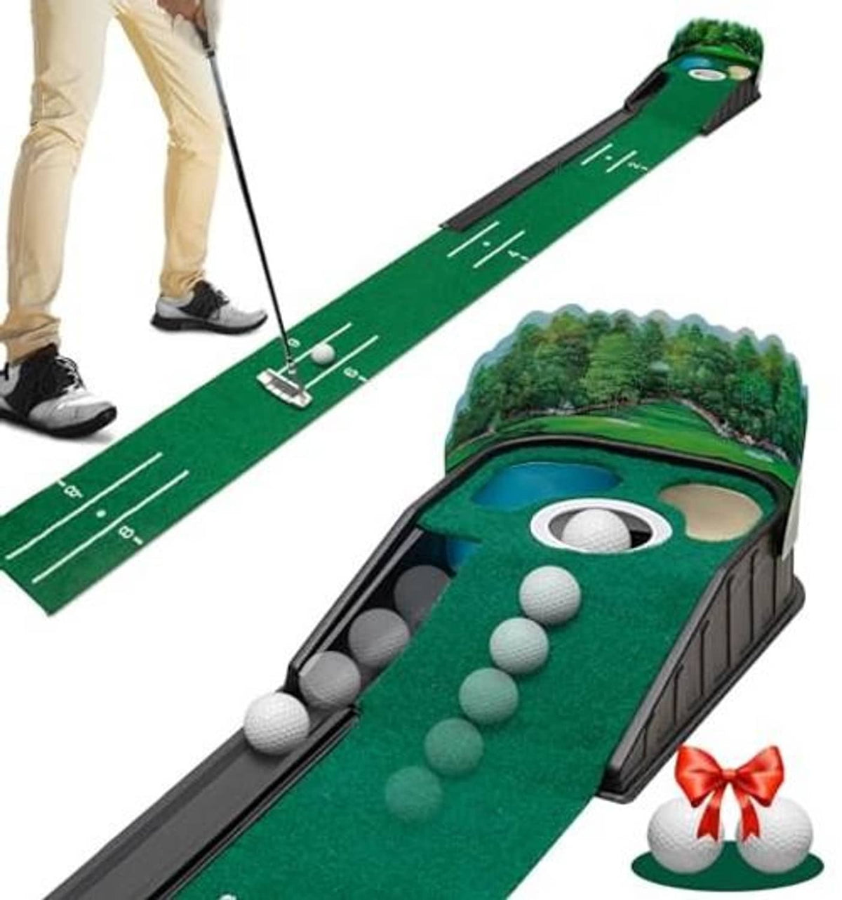 Indoor green putting mat with scoring targets, cup opening, and multiple ball placements