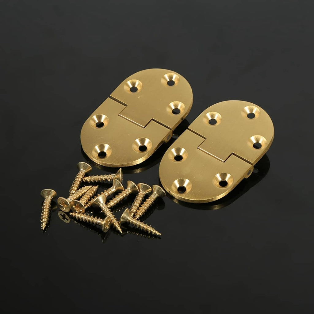 Brass round tray hinges with visible screws, two hinge plates and mounting holes