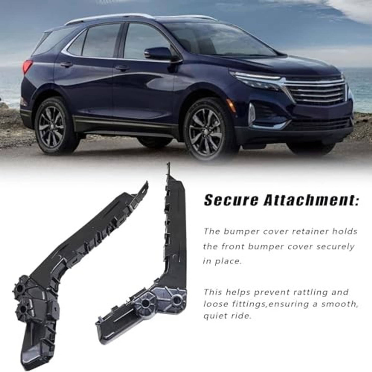 Black plastic bumper cover retainer clips with side brackets, two-piece set