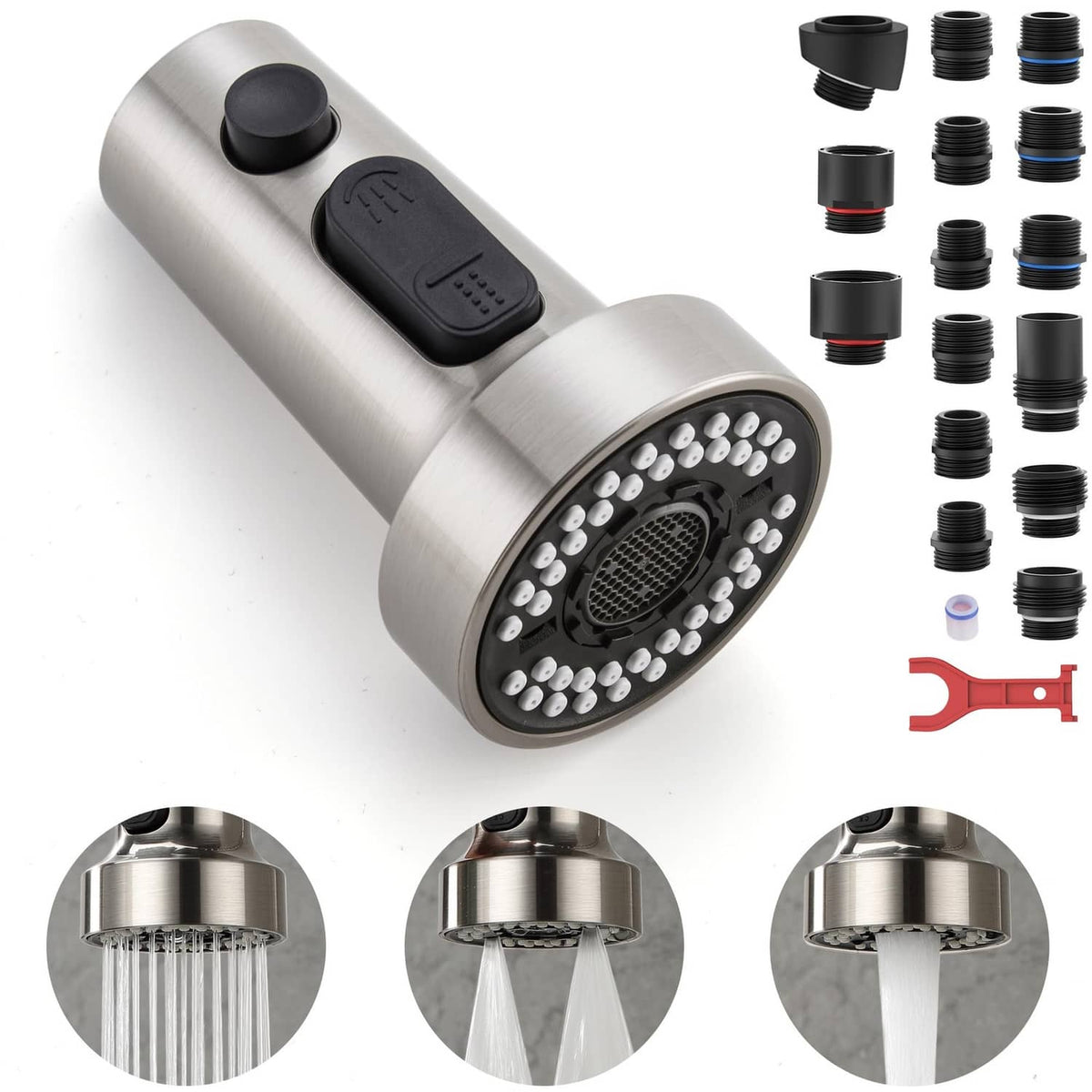 Brushed nickel pull-down faucet spray head with round multi-hole nozzle and control button