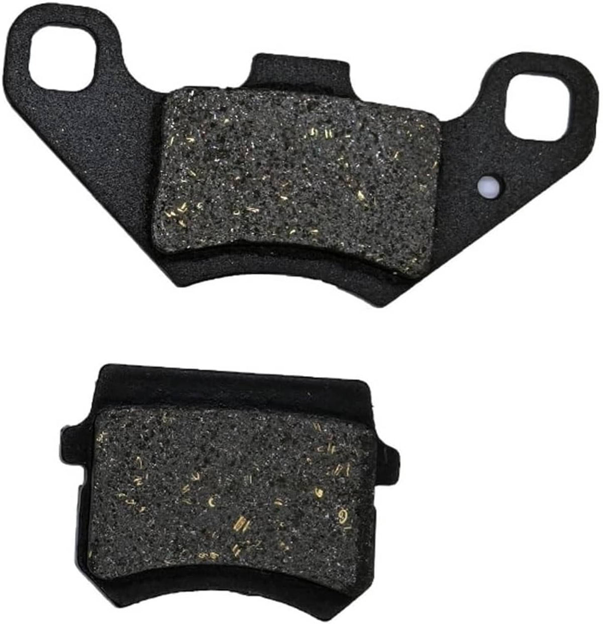 Front brake pad set with arched backing and dark pad face with scattered metal flecks