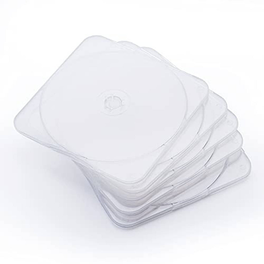 Clear ultra-slim square CD/DVD clam shell cases, stacked at angle (25 pack)