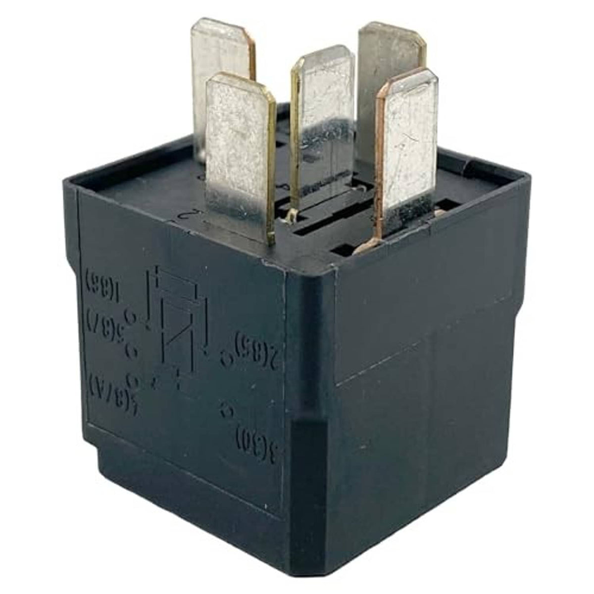5-pin automotive relay with open base showing metal contacts inside dark housing