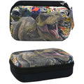 Small EVA pencil case with zipper, black base and Jurassic dinosaur graphic.