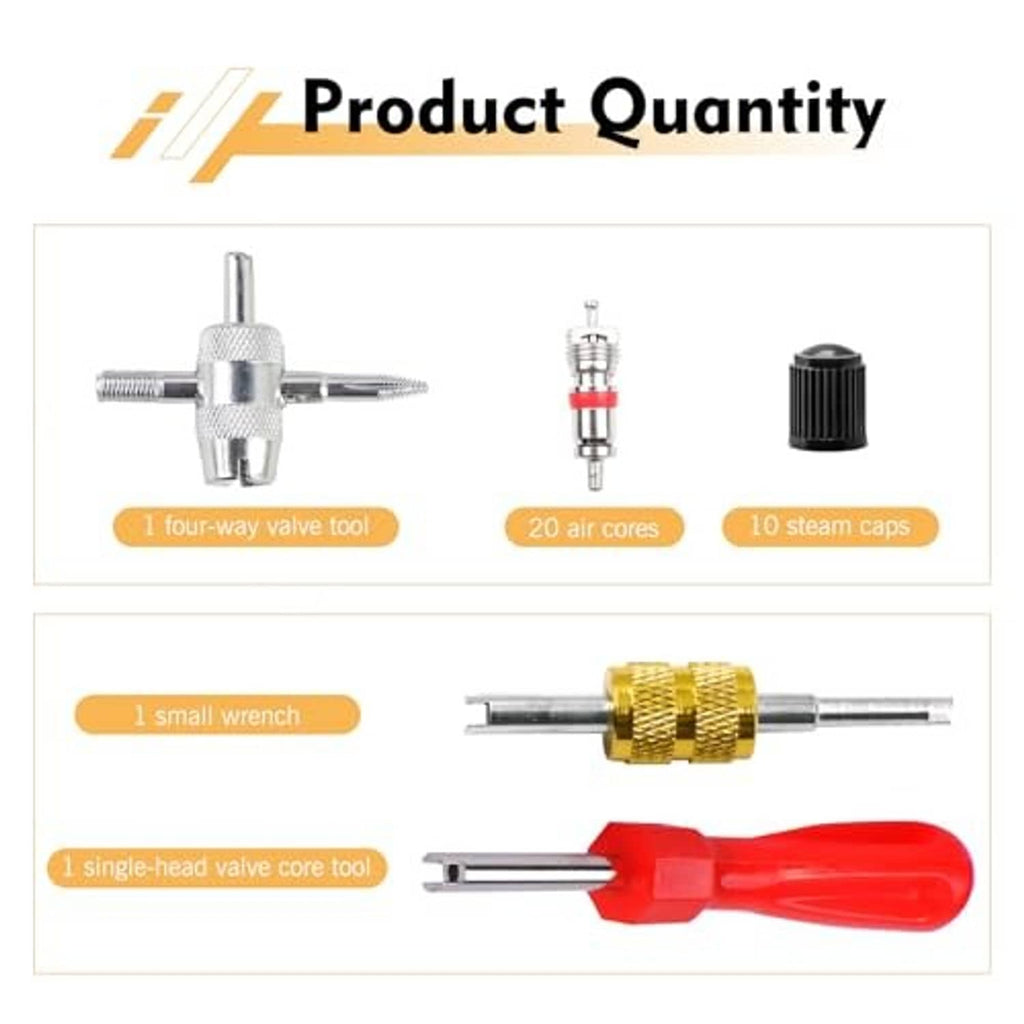 Valve repair kit components: valve tool, replacement air cores, steam caps, and small wrench