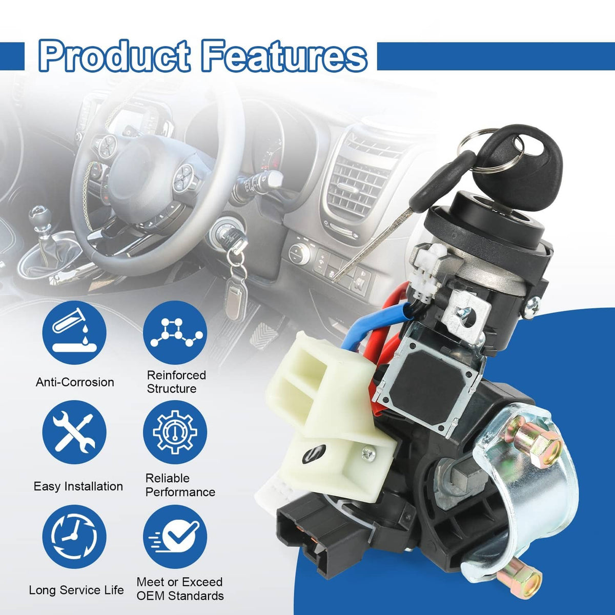 Ignition lock switch assembly with key cylinder and electrical module, front view