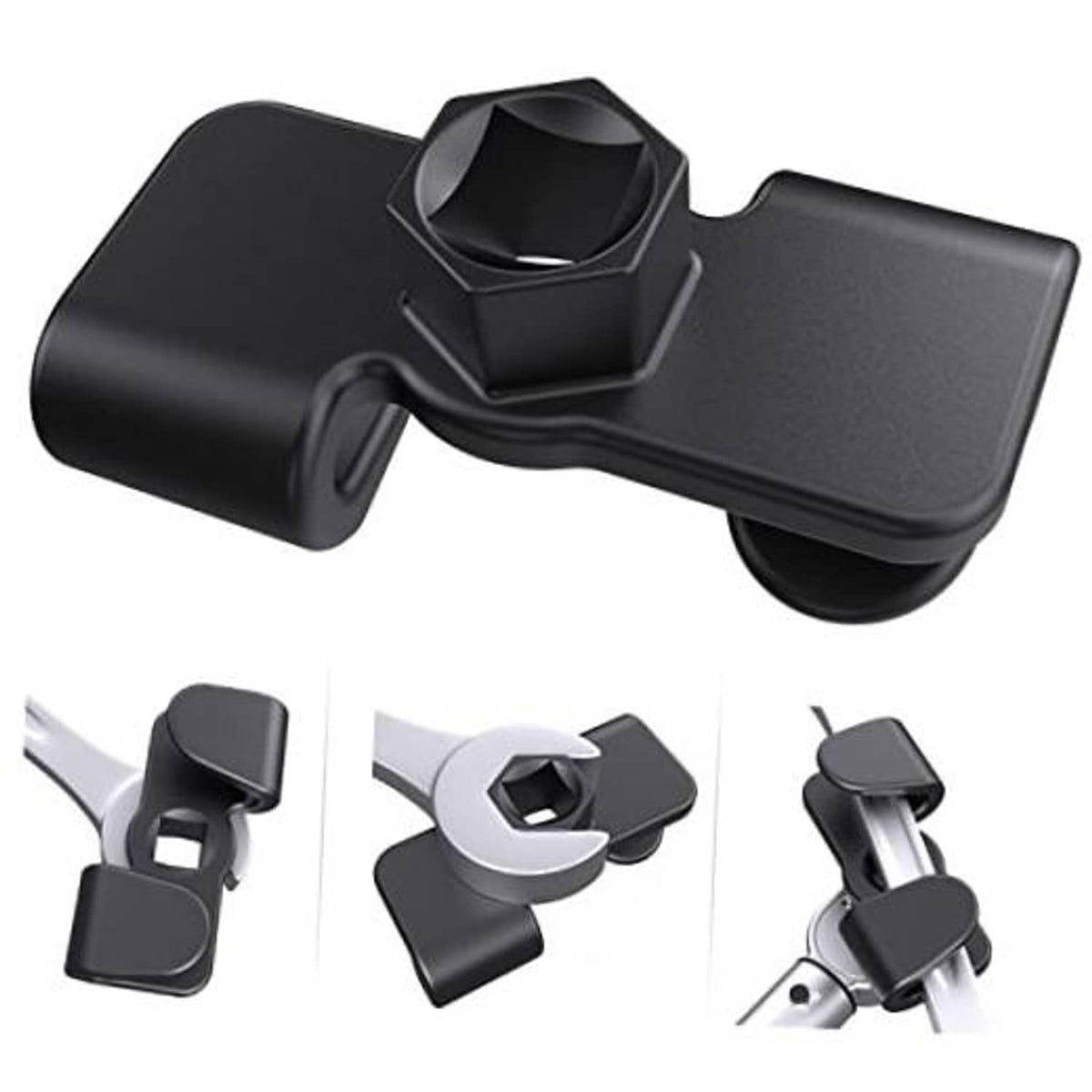 Black socket wrench extender with hex socket head and drive adapter