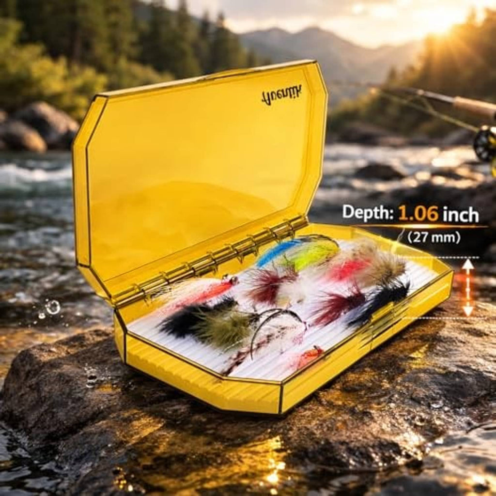 Yellow fly box with clear lid holding assorted feather lures inside