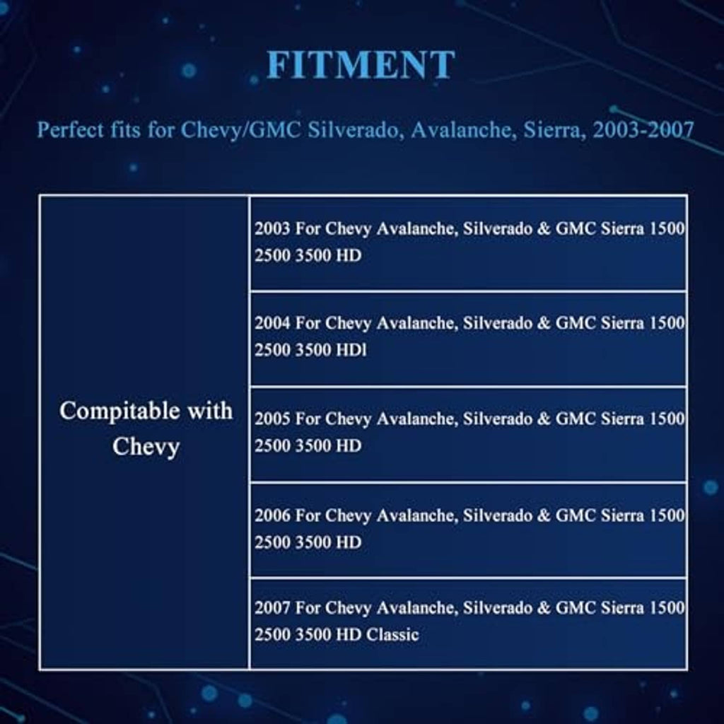 Vehicle fitment chart for compatible Chevy and GMC models, 2003-2007