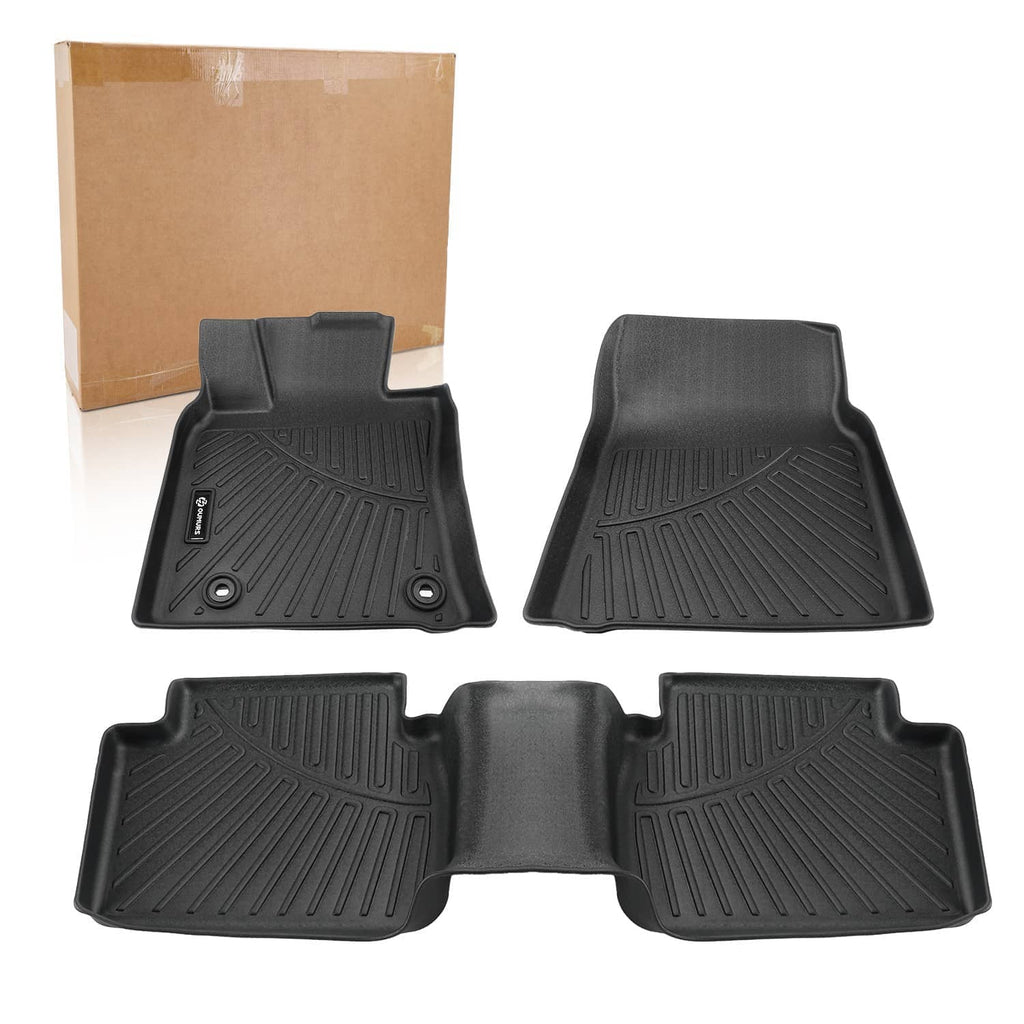 Black TPE all-weather floor liner mats with raised tread and corner channels