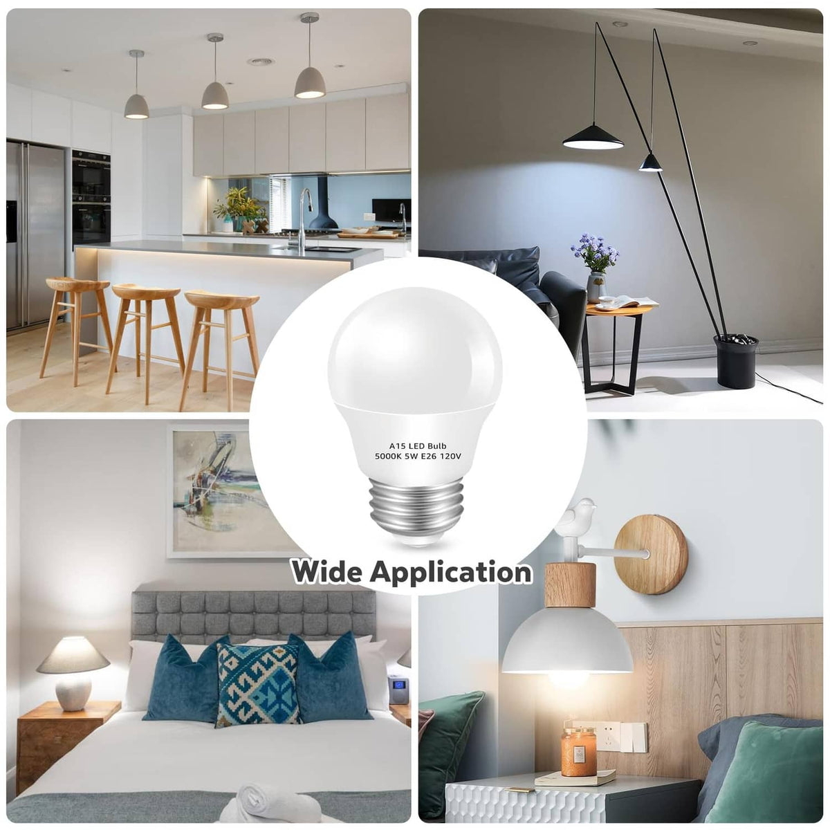 A15 LED bulb, daylight white glow, wide use for indoor spaces