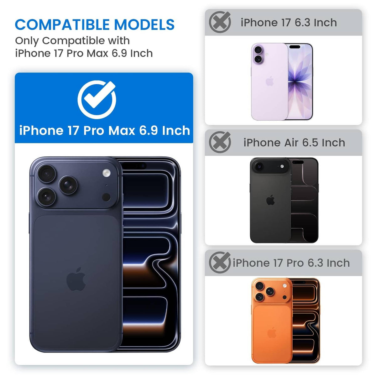 Compatibility chart for iPhone case fit, including iPhone 17 Pro Max 6.9 inch