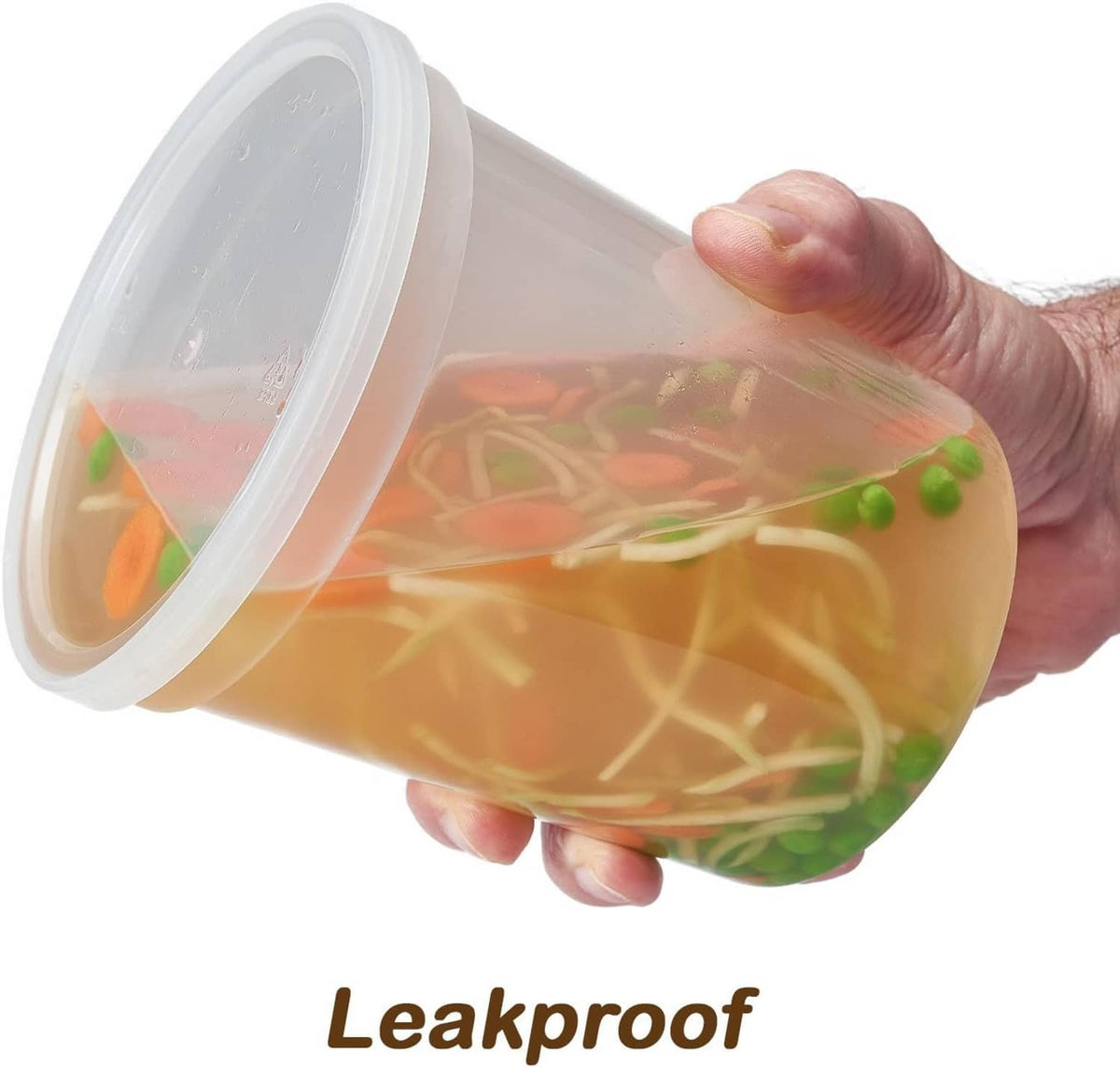 Clear deli container with white lid open, hand filling food inside; leakproof design