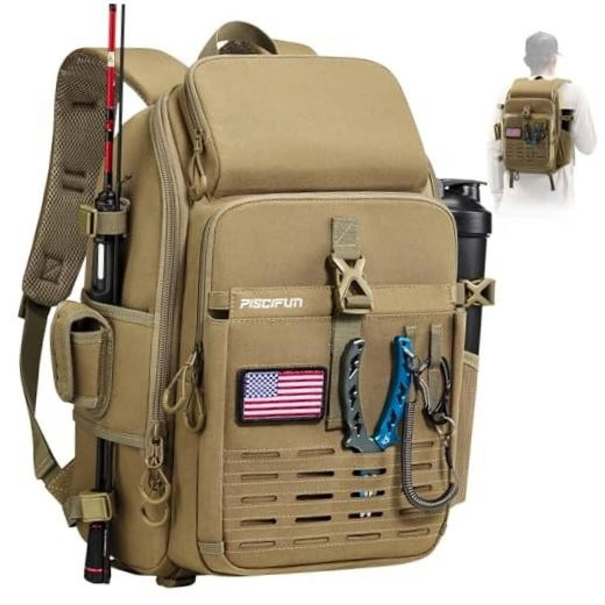 Khaki fishing tackle backpack with rod holder and front gear pockets