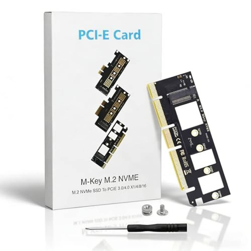 M.2 NVMe PCIe x16 expansion adapter card set with box, screws, and screwdriver