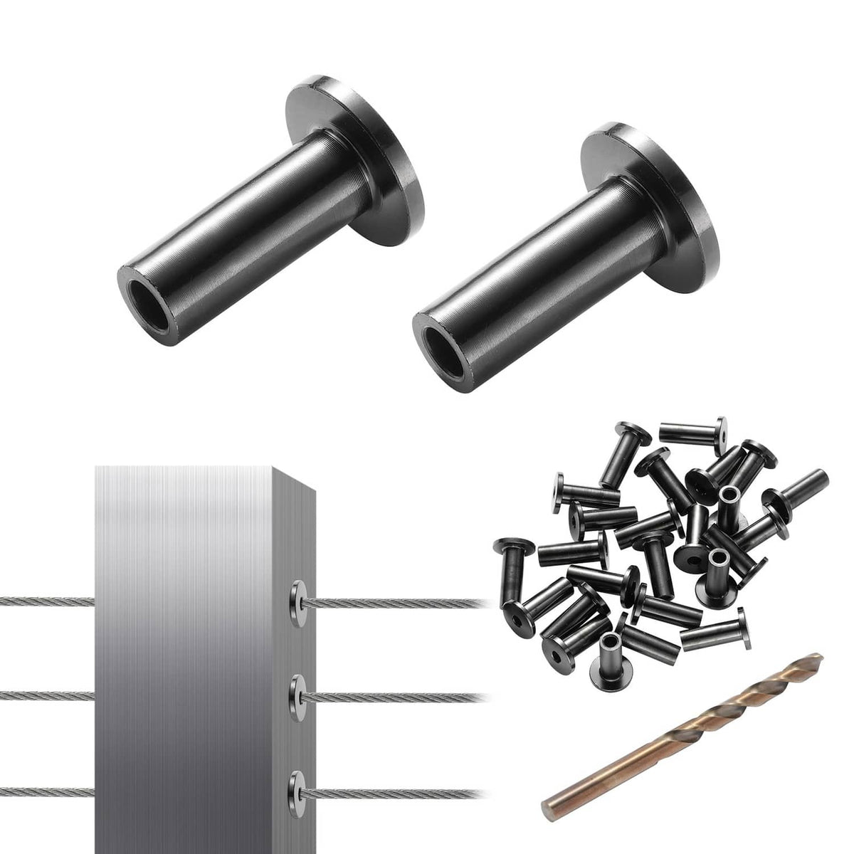 Wire rope protector sleeves with bundle screws, and drill bit, on a wire rope run