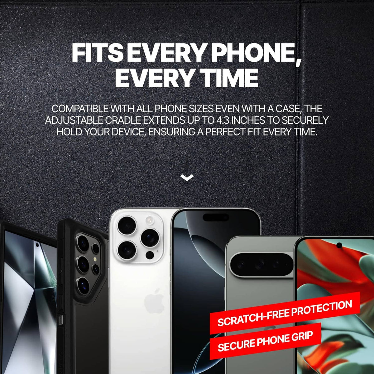 Black magnetic phone holder cradle shown with several compatible smartphone sizes.