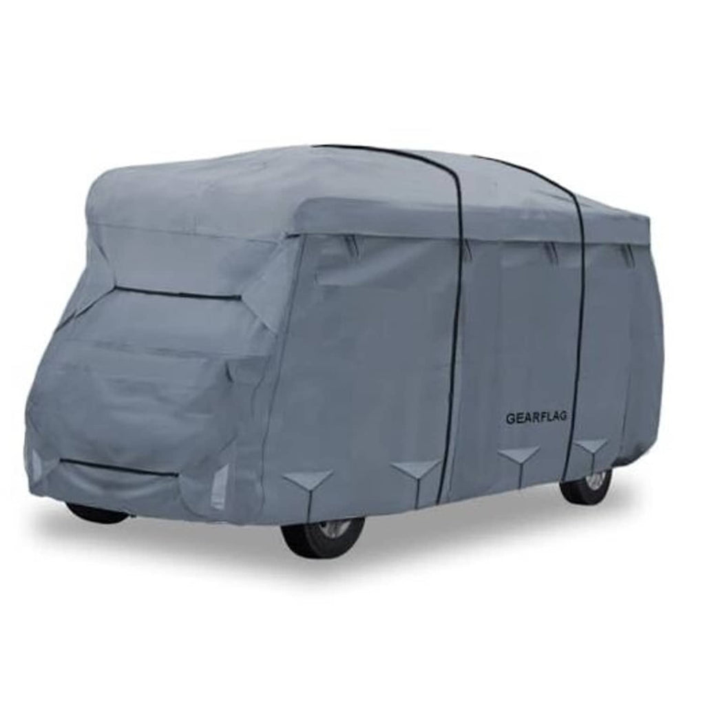 Gray RV cover with zippered side panels and reinforced windproof design