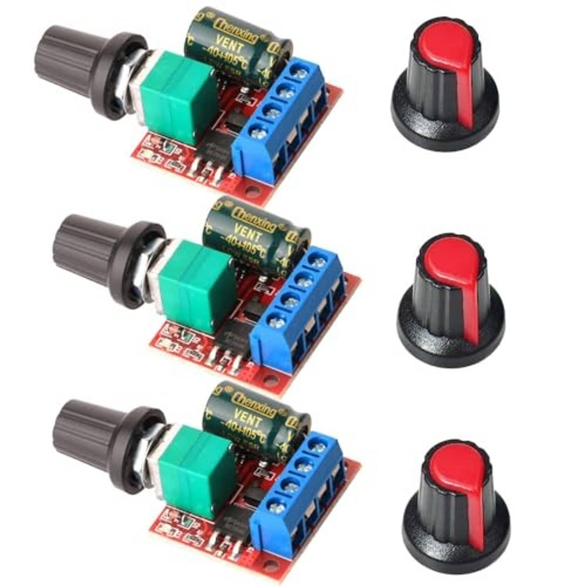 DC motor PWM speed controller module set with circuit boards and red black speed knob