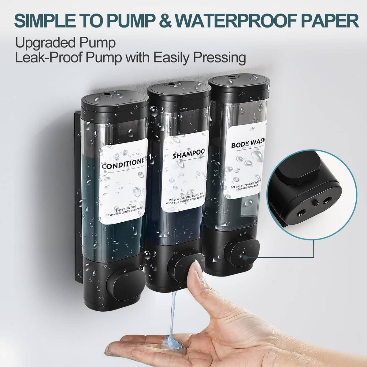 Black 3-chamber shower soap dispensers with waterproof pump and easy pressing