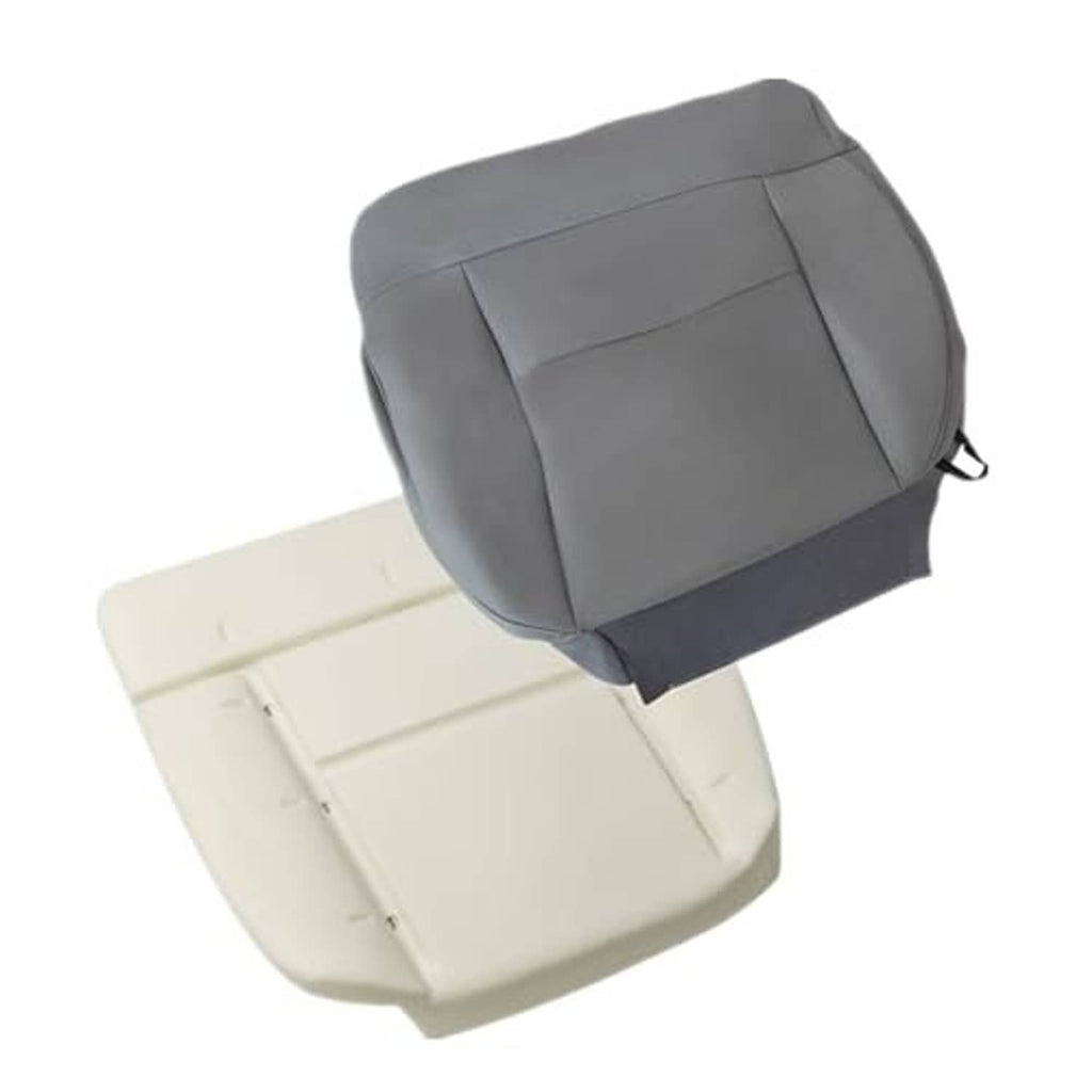 Gray cloth front driver seat cushion cover with side straps and stitched panels