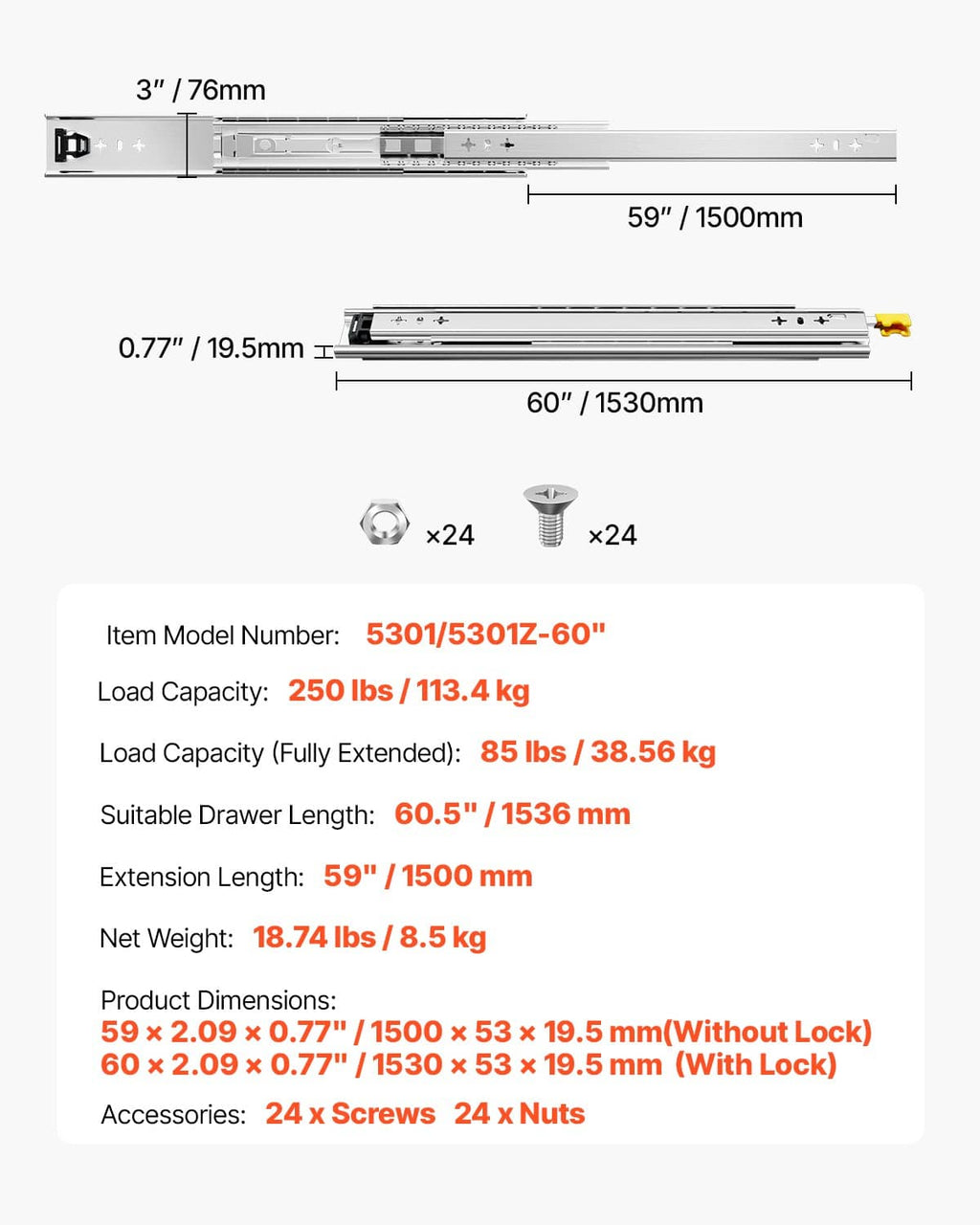 Dimension diagram for 60-inch full-extension drawer slides with hardware count