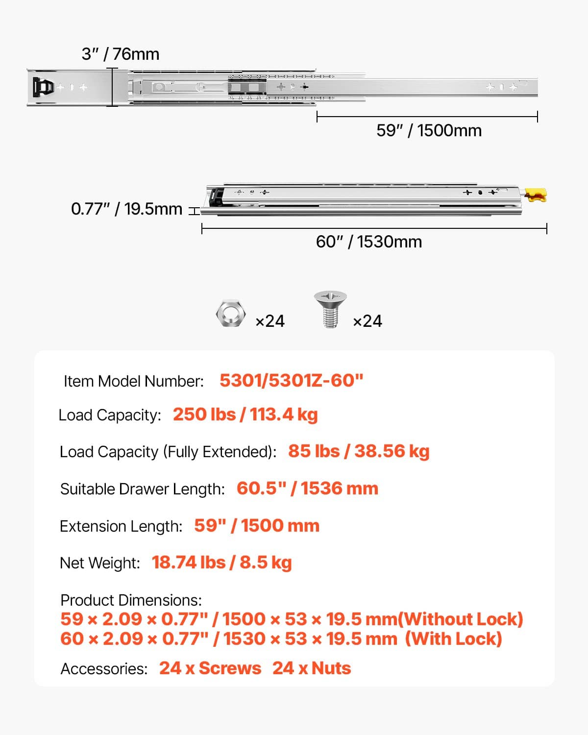 Dimension diagram for 60-inch full-extension drawer slides with hardware count