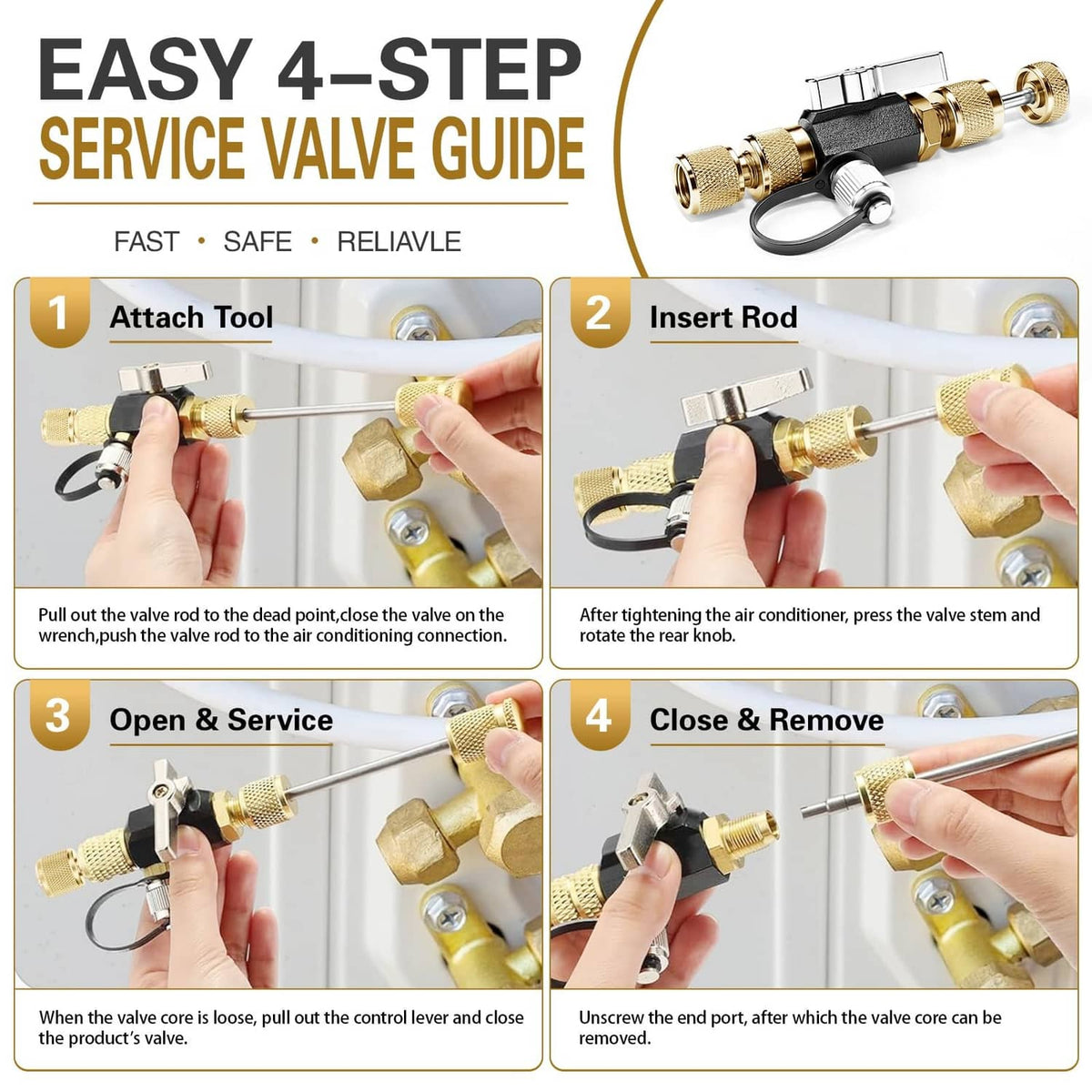 HVAC service valve guide tool with brass fittings and black handle during use