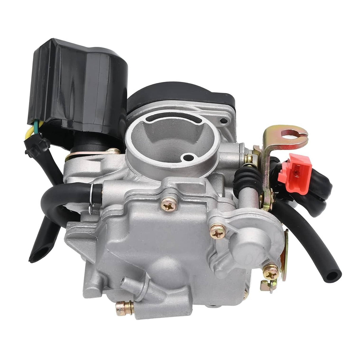 Scooter carburetor with black housing, round intake body, and red fuel plug