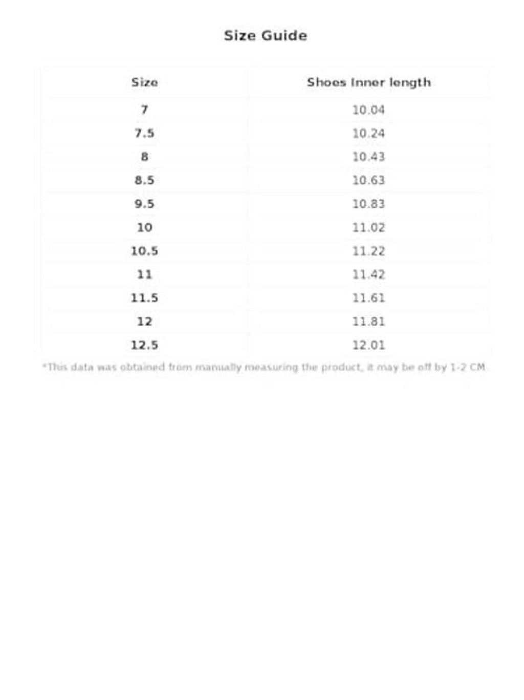 Size guide table showing shoe sizes 7–12.5 and inner length measurements