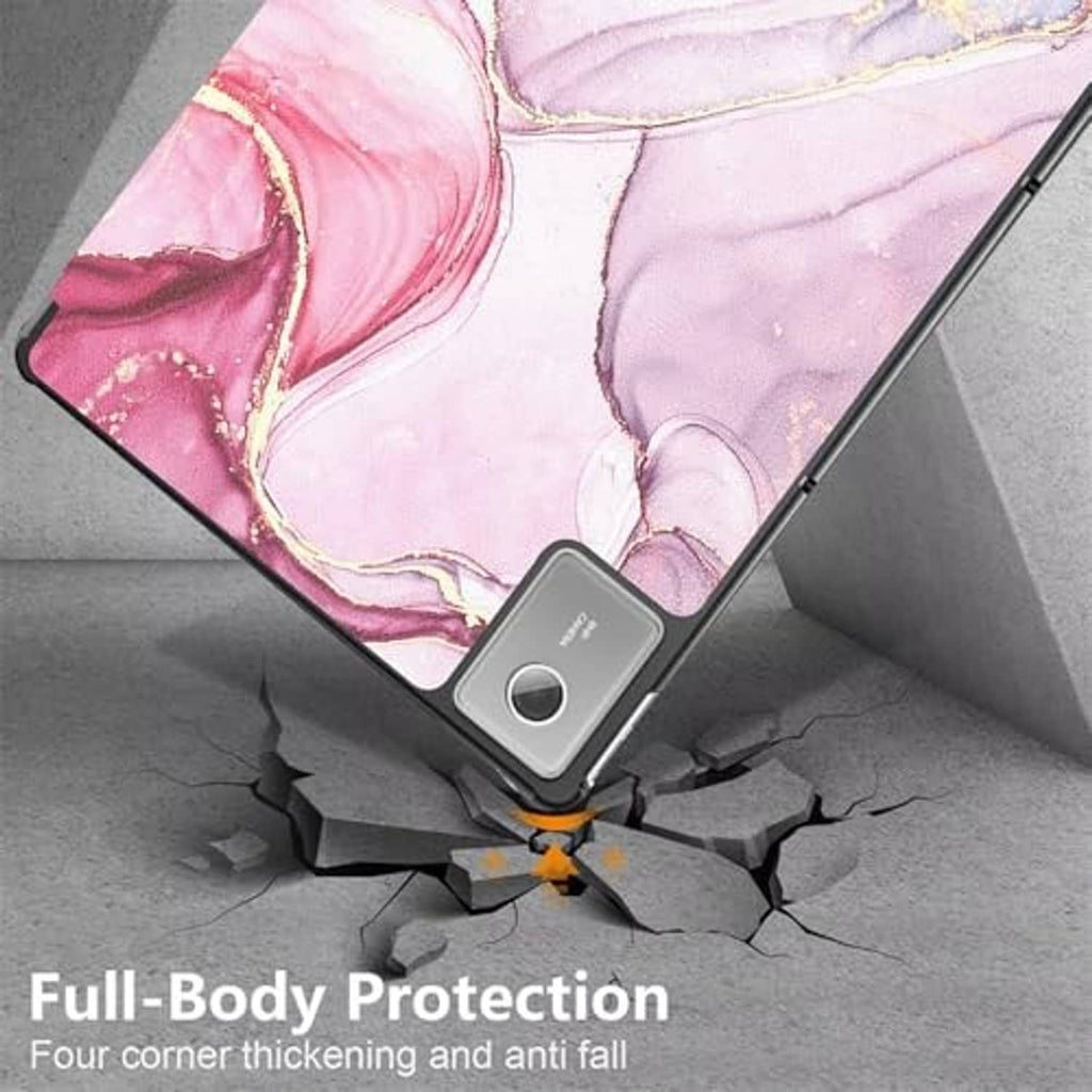 Pink marble tablet case with kickstand, showing protected edges and side button area