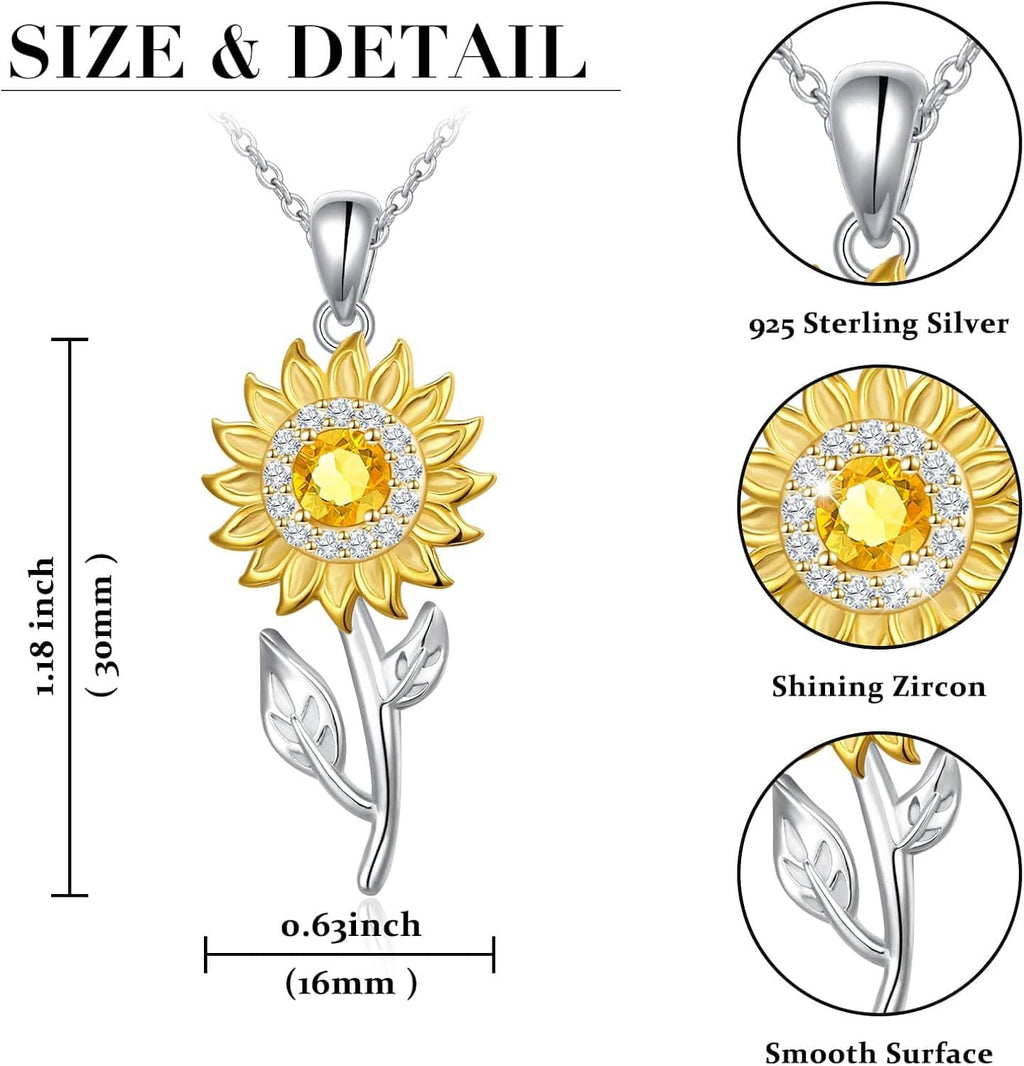 Sterling silver sunflower pendant with gold petals and zircon center detail