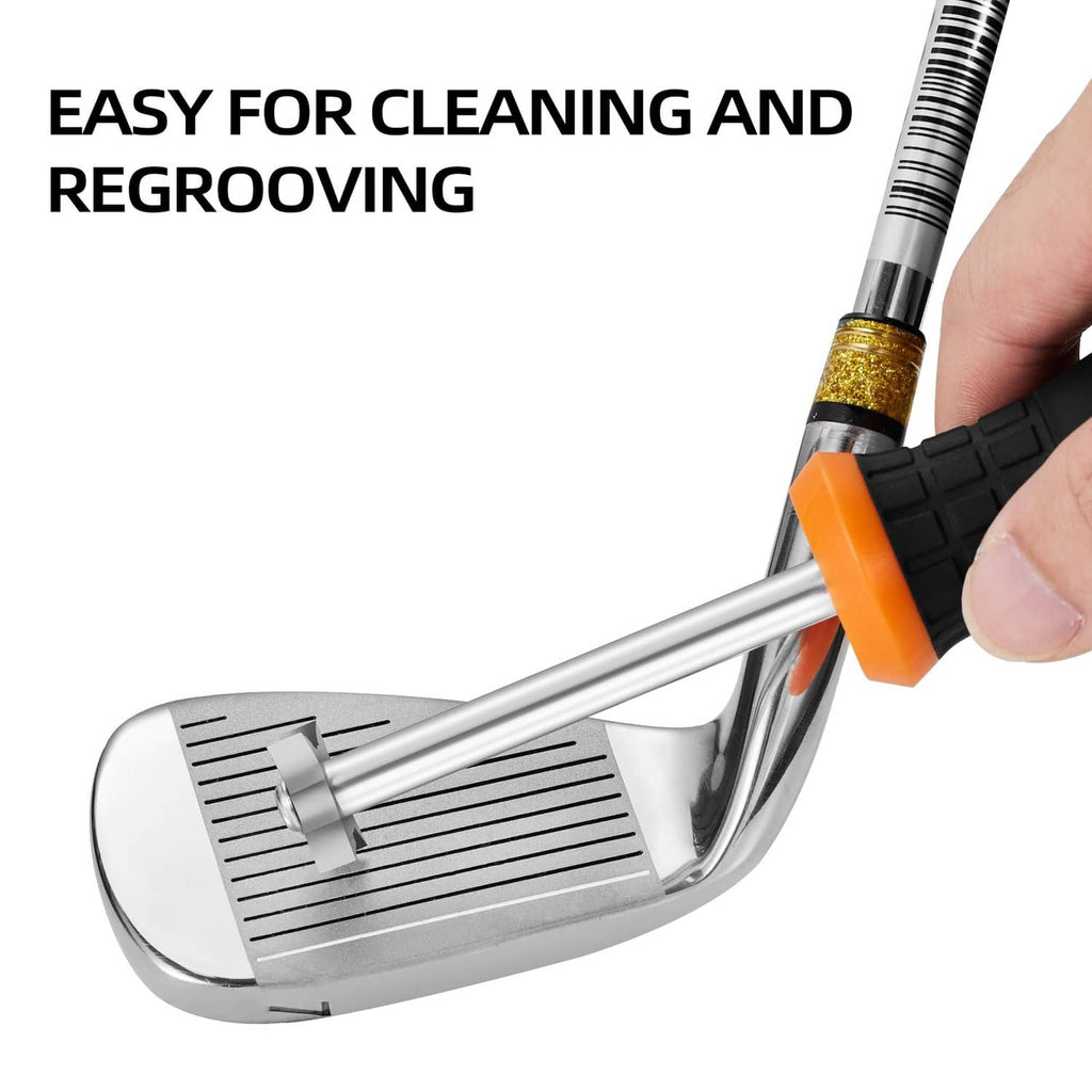 Golf club groove sharpener tool with orange blade and silver club face