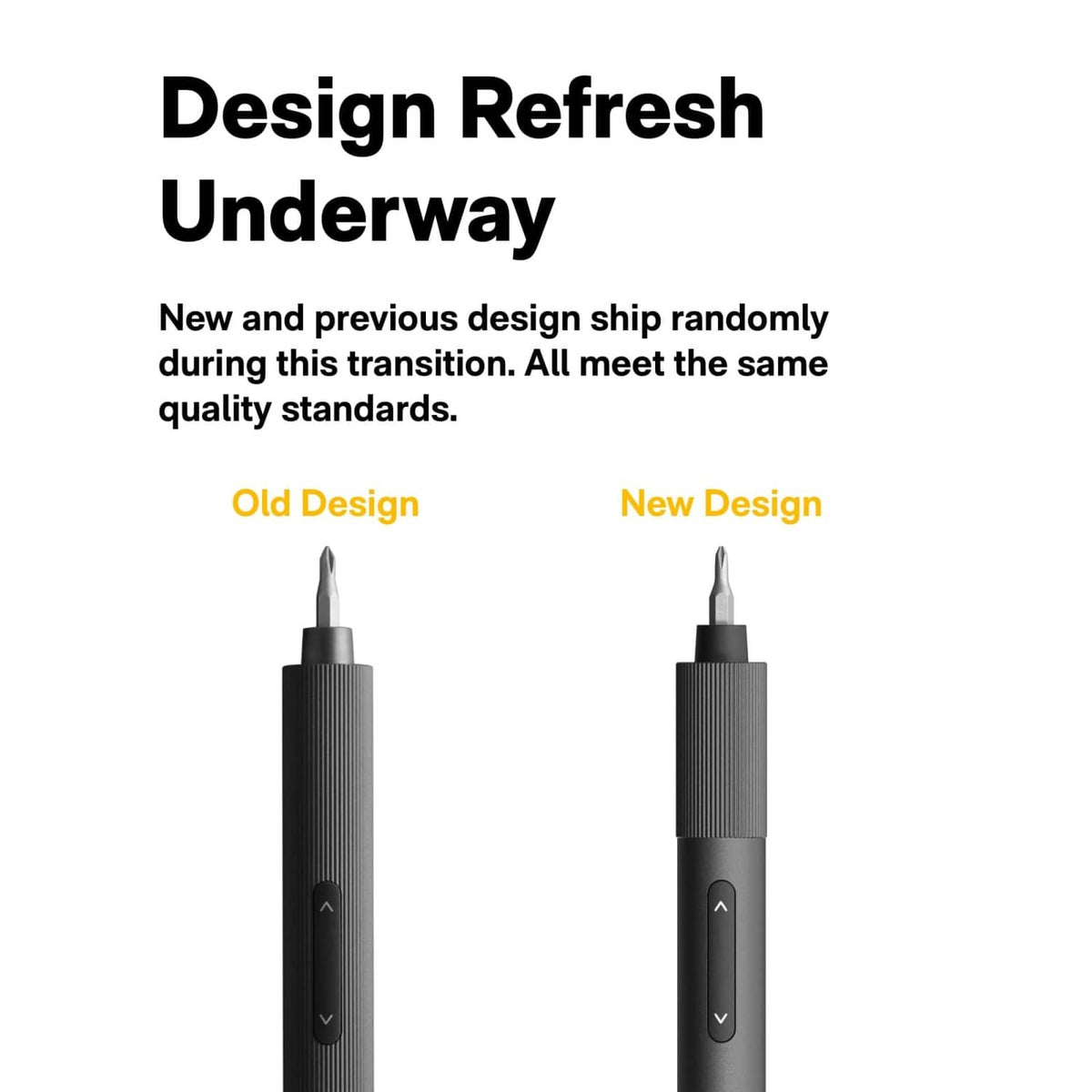 Two gray precision electric screwdrivers side by side, showing different head designs