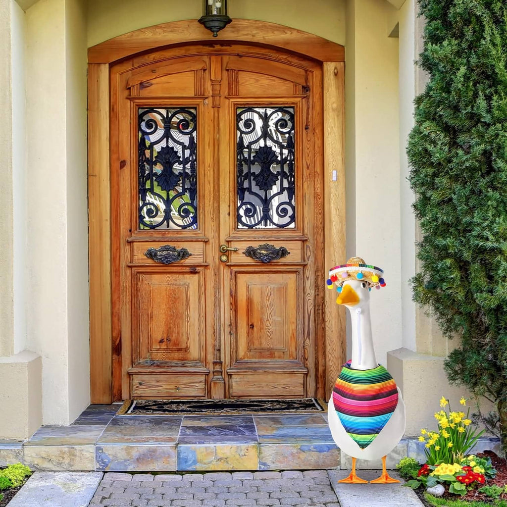 Multicolor porch goose outfit with straw sombrero, pom-pom trim, and rainbow striped body wrap