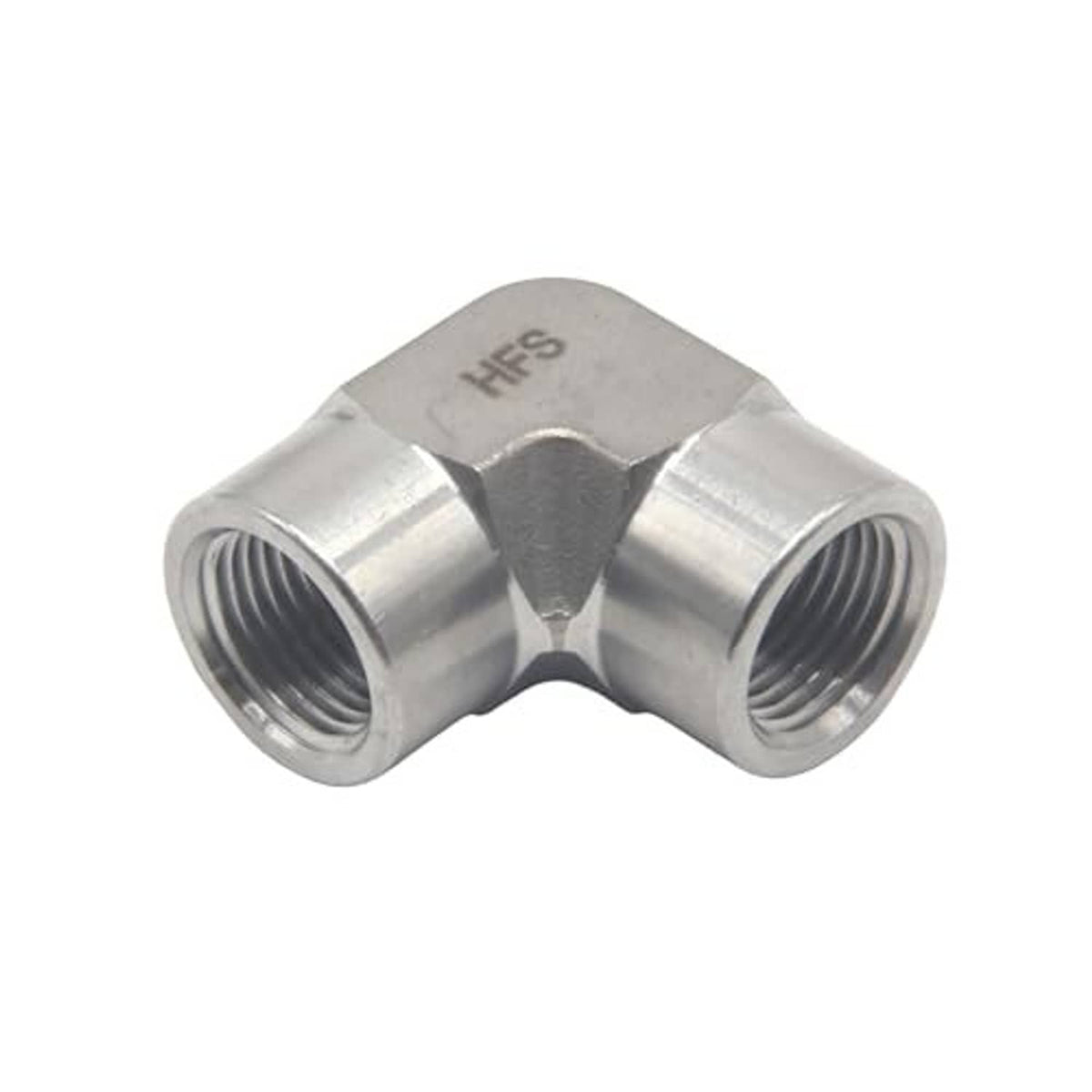 Polished stainless steel 90-degree elbow fitting with two internal NPT threaded openings