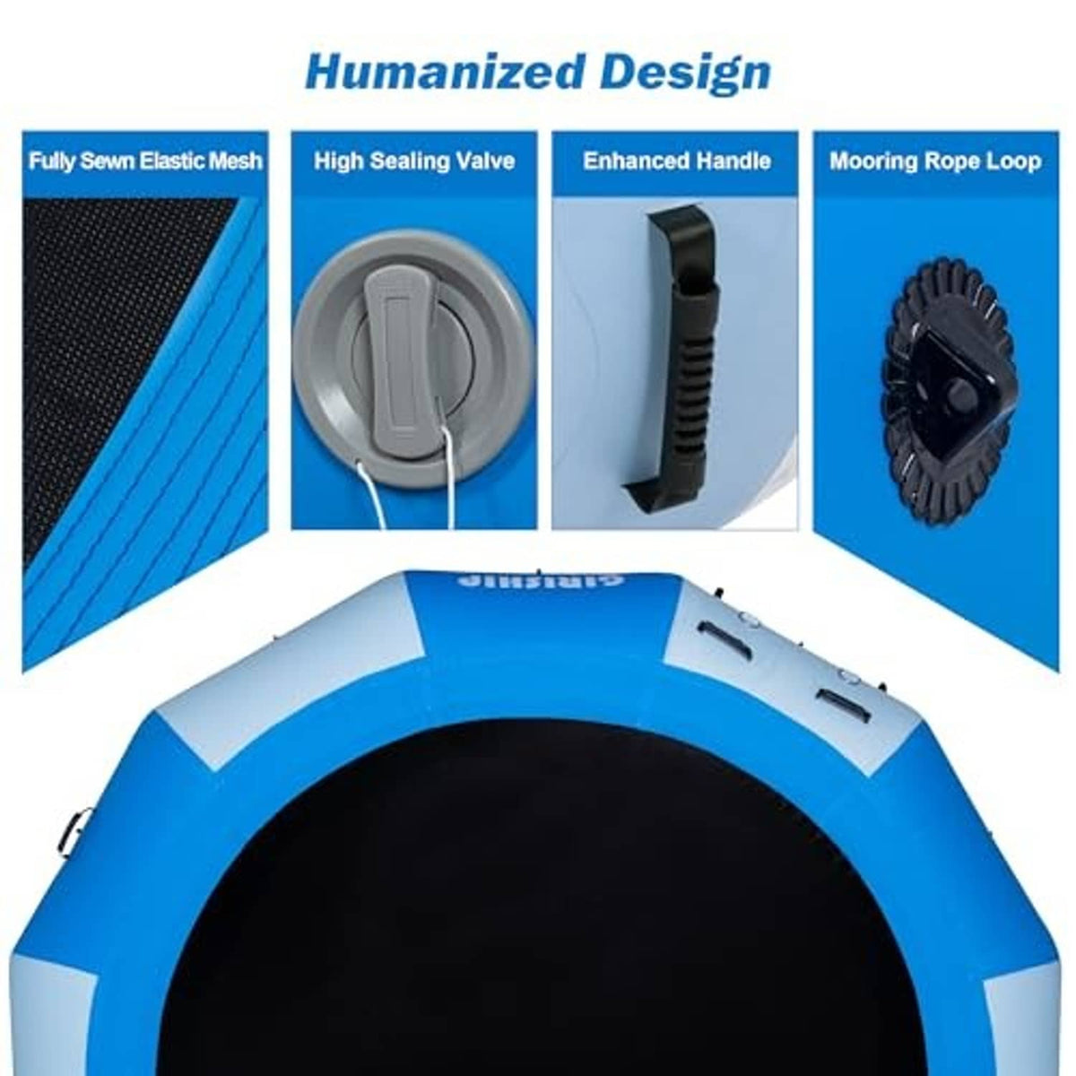 Blue and white inflatable water trampoline with black mat, sealed valve and handle detail