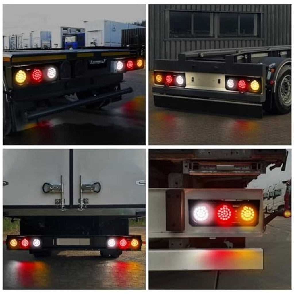 Mounted truck trailer LED tail lights with round lenses in red, amber, and white
