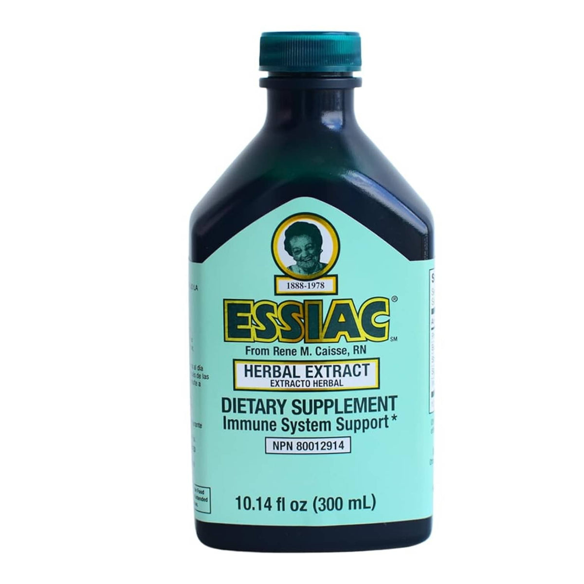 Essiac herbal extract tincture bottle, dark bottle with teal label and green cap